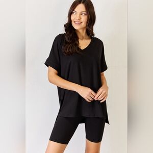 Zenana Full Size V-Neck Short Sleeve Slit T-Shirt and Shorts Set